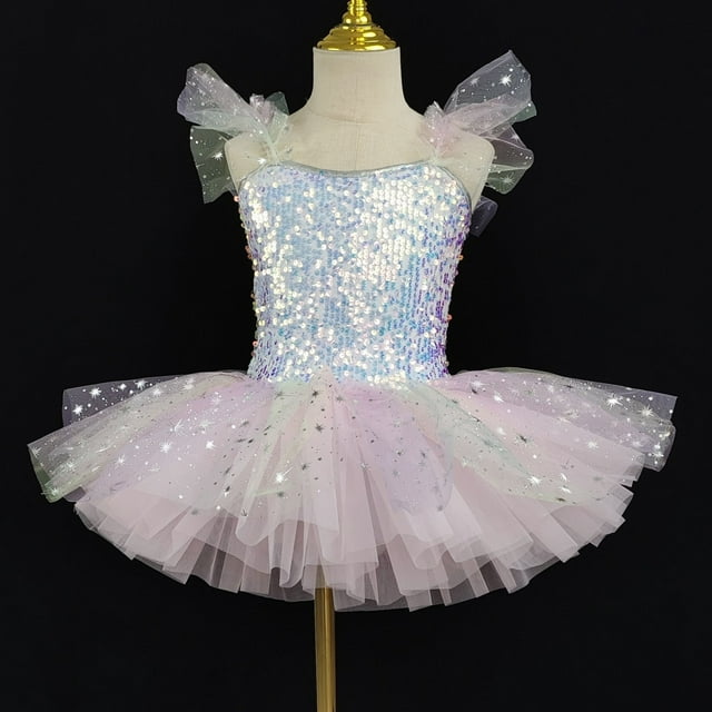 HOZADOIE Robes de Ballet Roses pour Filles Camisole à Sequins Jupe de Pratique de Danse Justaucorps en Maille Robe de Princesse Sans Manches Col en V Ballerine Jupe Bouffante Vêtements de Danse pour Enfants 1-14 Ans