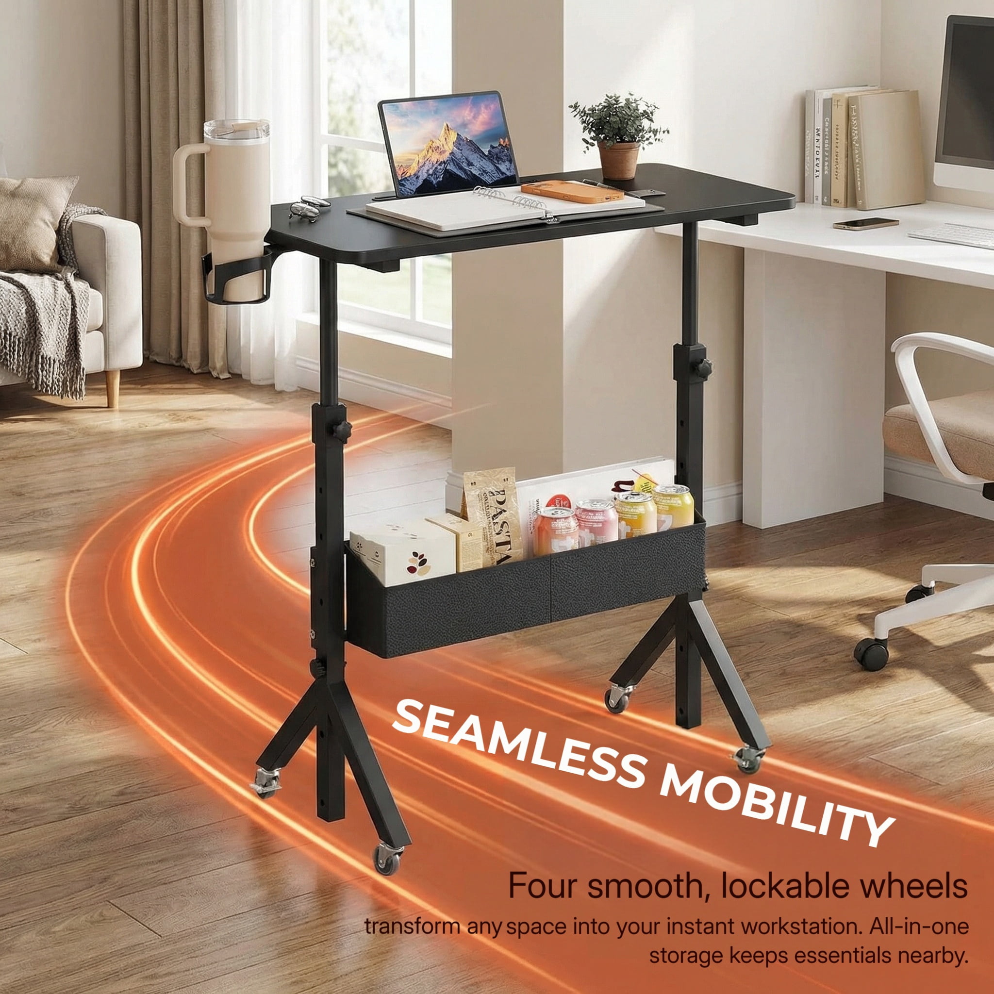 Kyspho Mobile Standing Desk with Wheels & Storage, Adjustable Height Rolling Laptop Cart with Cup Holder, Fits Treadmills, Black, 31.5" x 15.75"