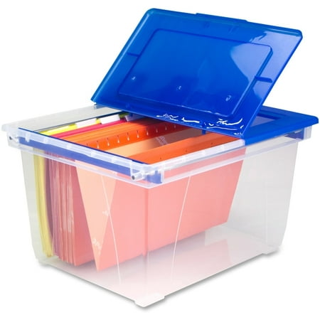 Storex Stackable Heavy-duty File Tote with Steel Rails, Clear/Blue