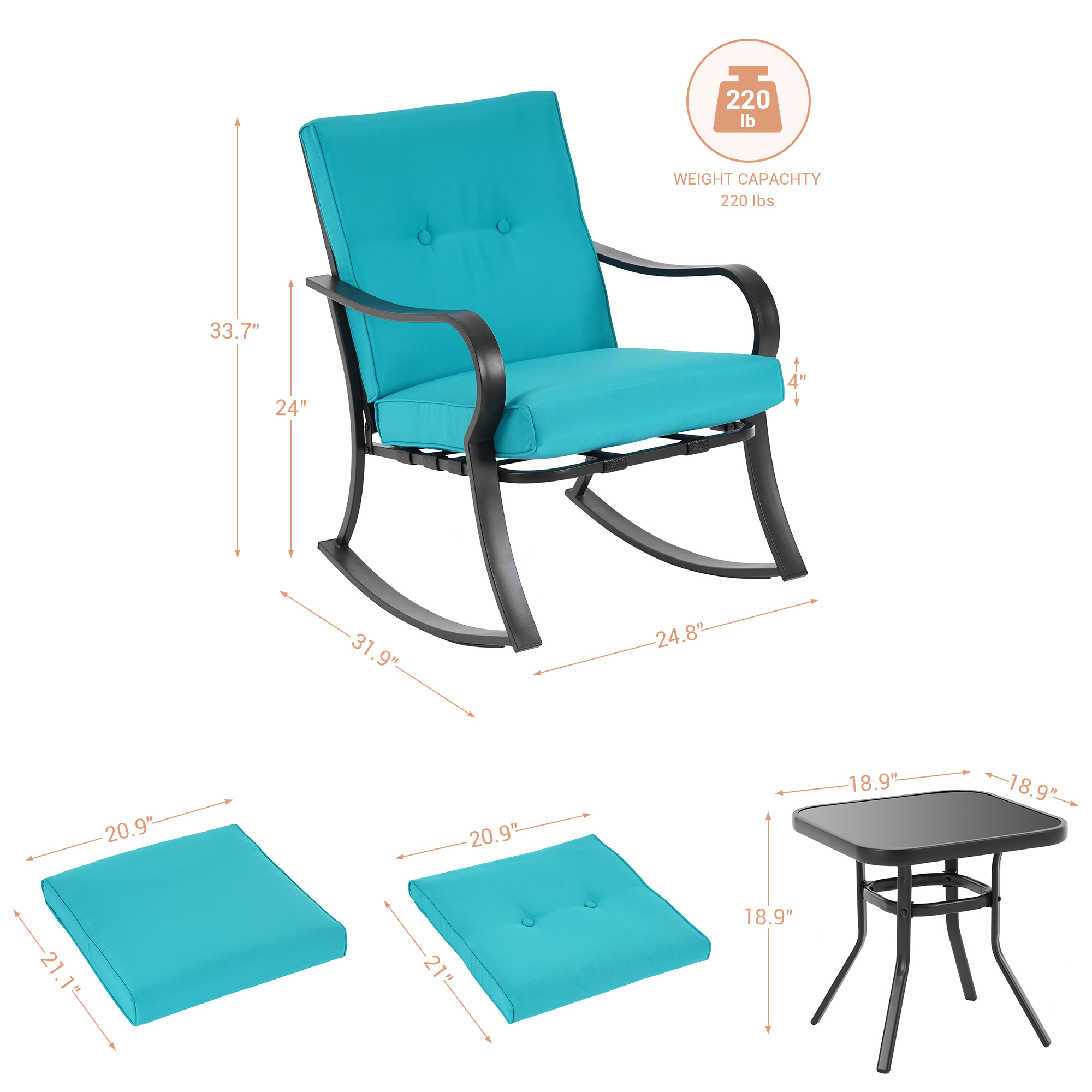 Outdoor Lounge Chair Courtyard Rocking Chair 3-Piece Steel Frame Outdoor Furniture Sets Thick Cushion Royal blue Double Armchair Deck Backyard Bistro Set - image 4 of 8