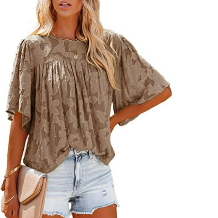 Womens Cute Crewneck Ruffle 3/4 Bell Sleeve Shirts Babydoll Tops Lace Blouses Casual Loose Summer Tops