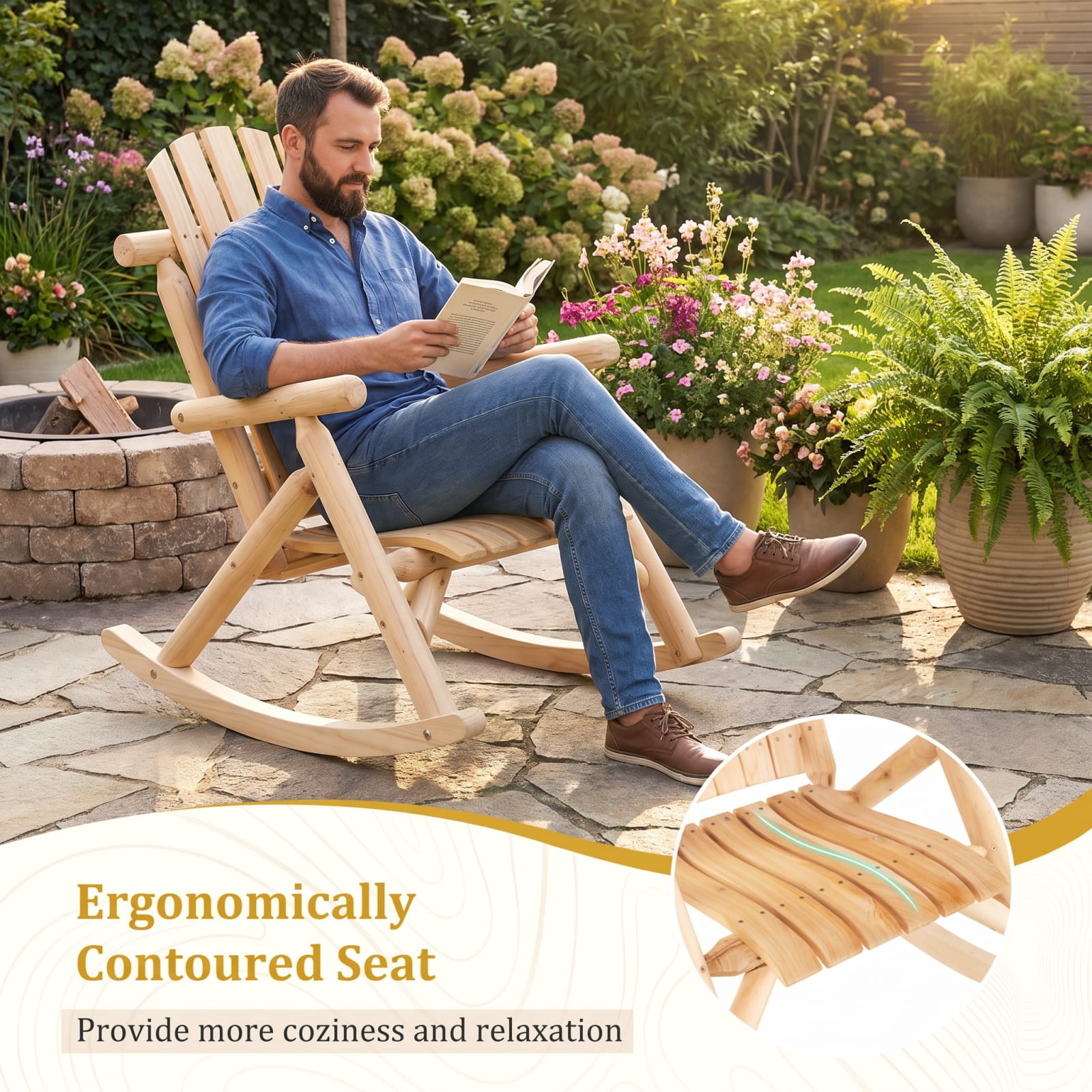 Furnibear Outdoor Rocking Chair for Patio Garden Backyard Outdoor Fir Wood 330 lbs Capacity Brown/Natural