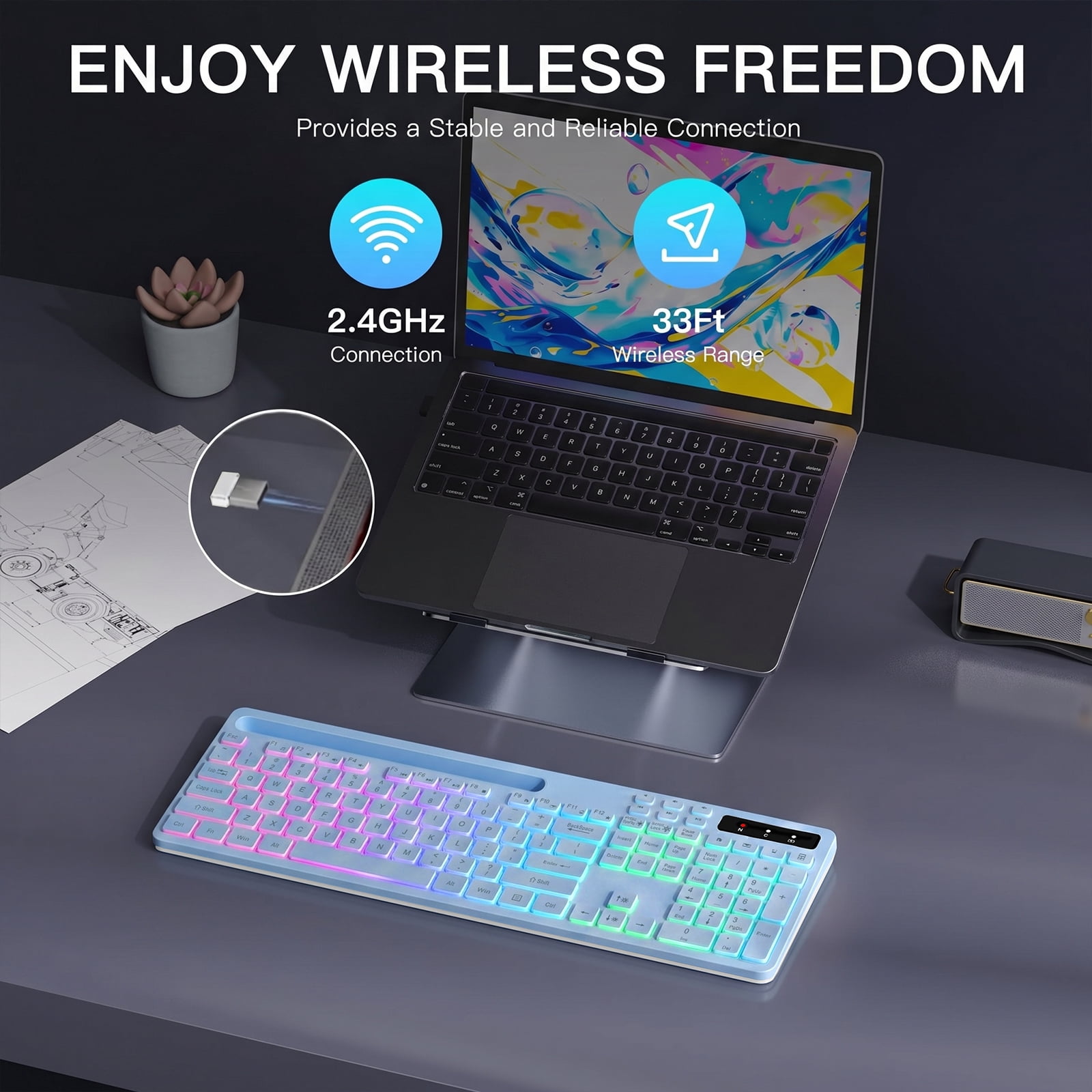 Wireless Keyboard with 7-Color RGB Backlit, Marvo Full-Size Computer Keyboard with Phone Tablet Holder, Rechargeable 2.4G Wireless Gaming Keyboard with Light up Keys, Compatible with Mac,Window, Blue