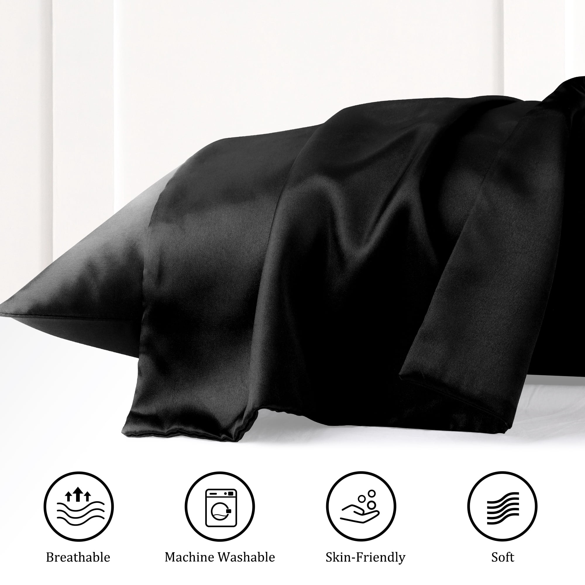 Unique Bargains Satin Set of 2 Zipper Closure Pillowcases Black 17"x25"