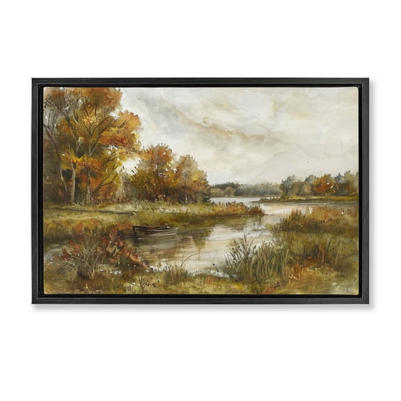 Stupell Industries Fall Scenic River Boat Landscape & Nature Painting Black Floater Framed Canvas Art Print Wall Art, 25 x 17