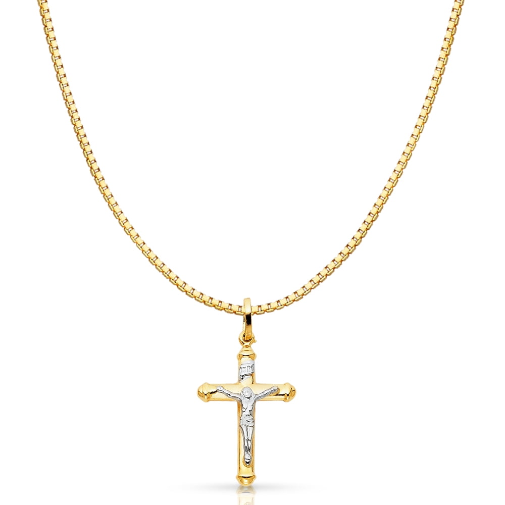 14K White Gold Jesus Crucifix Cross Religious Charm Pendant with 0.8mm Box Chain Necklace 