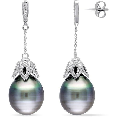 9.5-10mm Black Drop Tahitian Pearl and 1/4 Carat T.W. Diamond 10kt White Gold Round Drop Dangle Earrings
