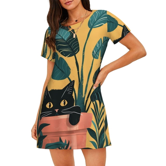 Balery Cat Hiding In Potted Plants Camisón de manga corta con cuello redondo para mujer, cómodo y elegante.
