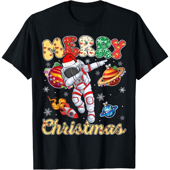 Funny Merry Christmas Astronaut Dabbing Space Snowflakes T-Shirt- American fashion hot selling casual retro high quality 100% cotton T-shirt 1 piece