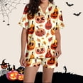 thumbnail image 5 of FASHOFT Women's Silk Satin Halloween Pajamas Set Funny Ghost Pumpkin Printing Short Sleeve Sleepwear Button Down Pjs Loungewear Orange M, 5 of 8
