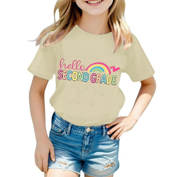Curuila Children Girls Tops Fashionable Casual Letter Print Crew Neck Short Sleeved T Shirt For Childrens Back To School Season Beige Size 1-2 Years