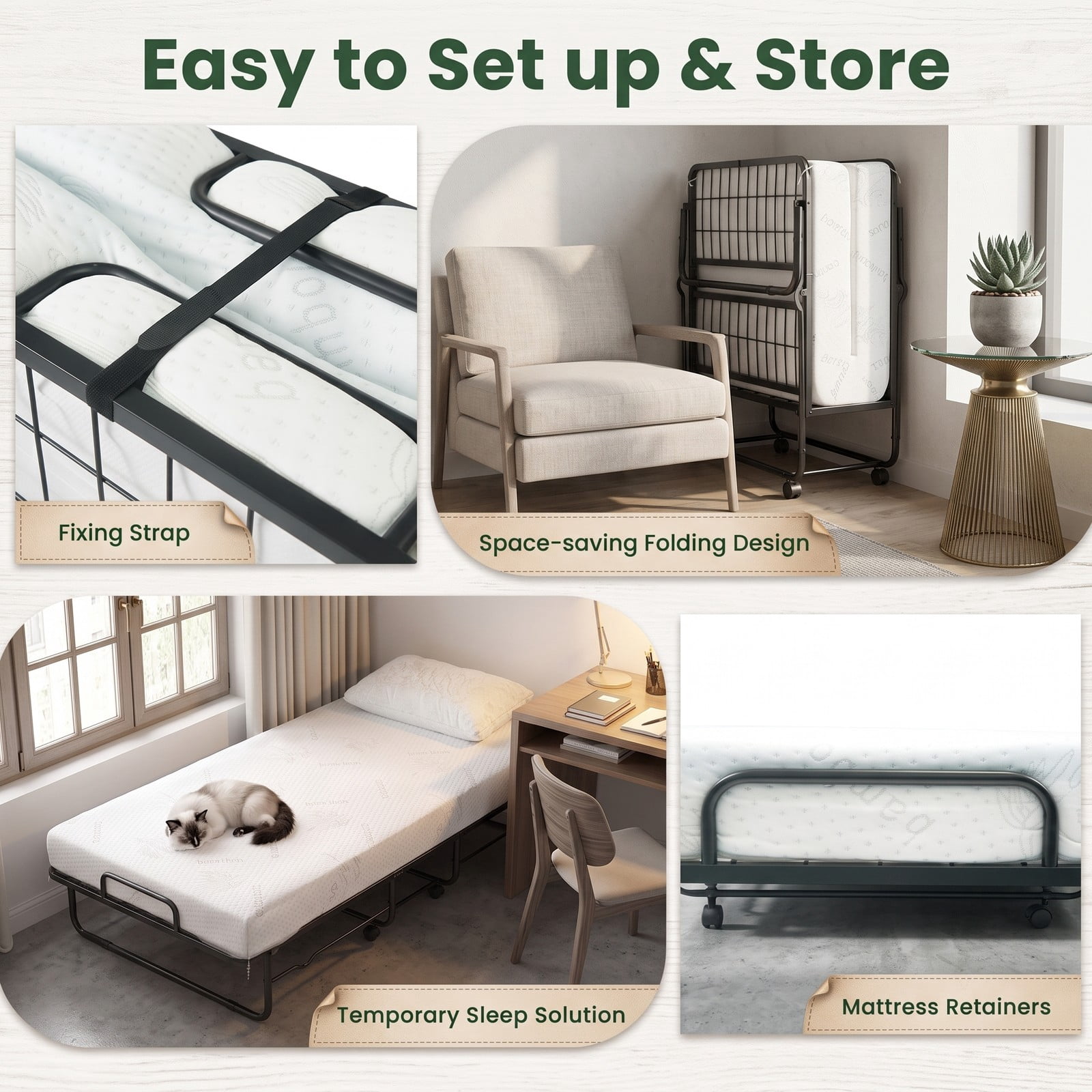 Furnibear Twin Bed Frame, Twin Folding Bed with 5 Inch Mattress, Rollaway Bed with Heavy Duty Metal Frame and Wheels for Guest Room, White and Black