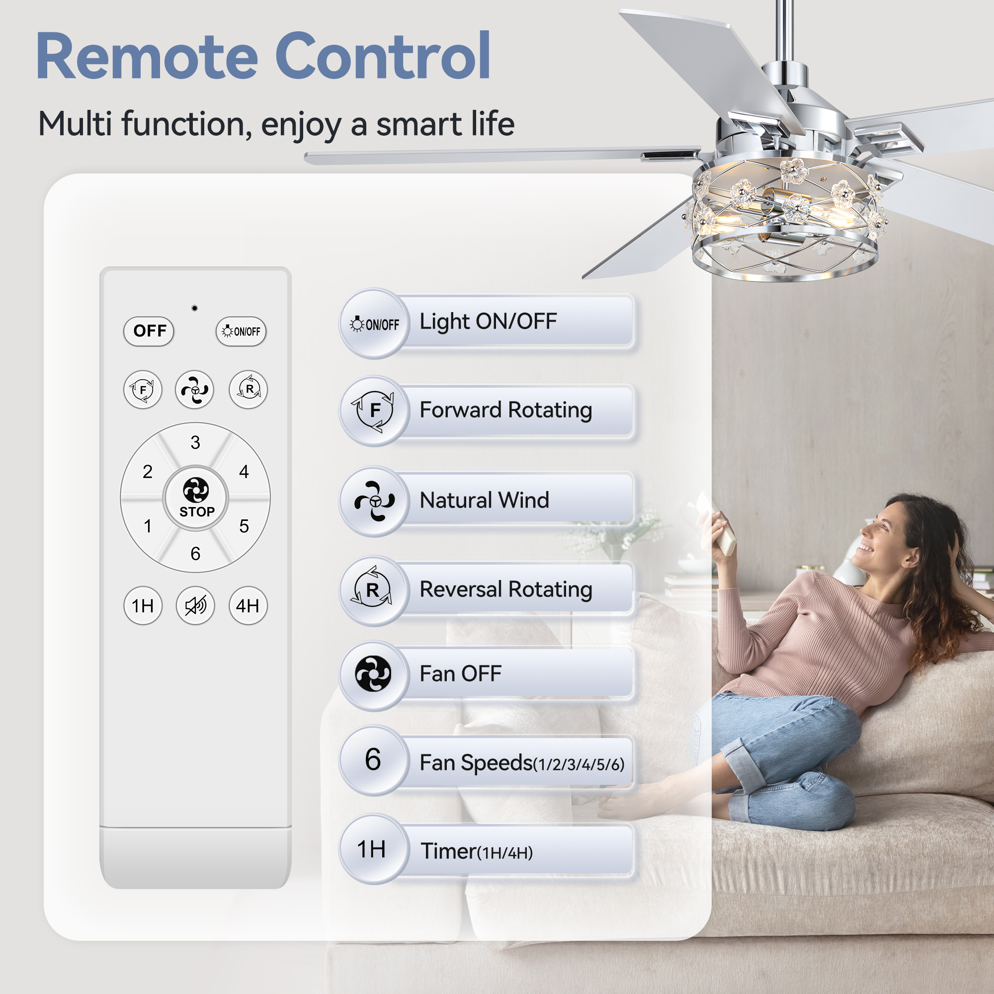 ALKAFY 52 inch Chrome Ceiling Fan with Lights - 5 Dual-Sided Blades, 6 Speeds, Remote, for Bedroom & Living Room