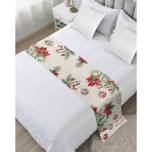Bed Runner Scarf Cal King Size, Christmas Balls Stain Bed Runners & Scarves for Foot of Beds, Red Green Xmas Botanical Snowflake Rustic Decorative Bedding Runner Scarf for Hotel Home Bedroom