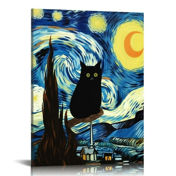 COMIO  Vincent Van Gogh Starry Night Cat Print Canvas Wall Art，vintage Wall Decor Aesthetic Posters for Bedroom Living Room Wall Art.