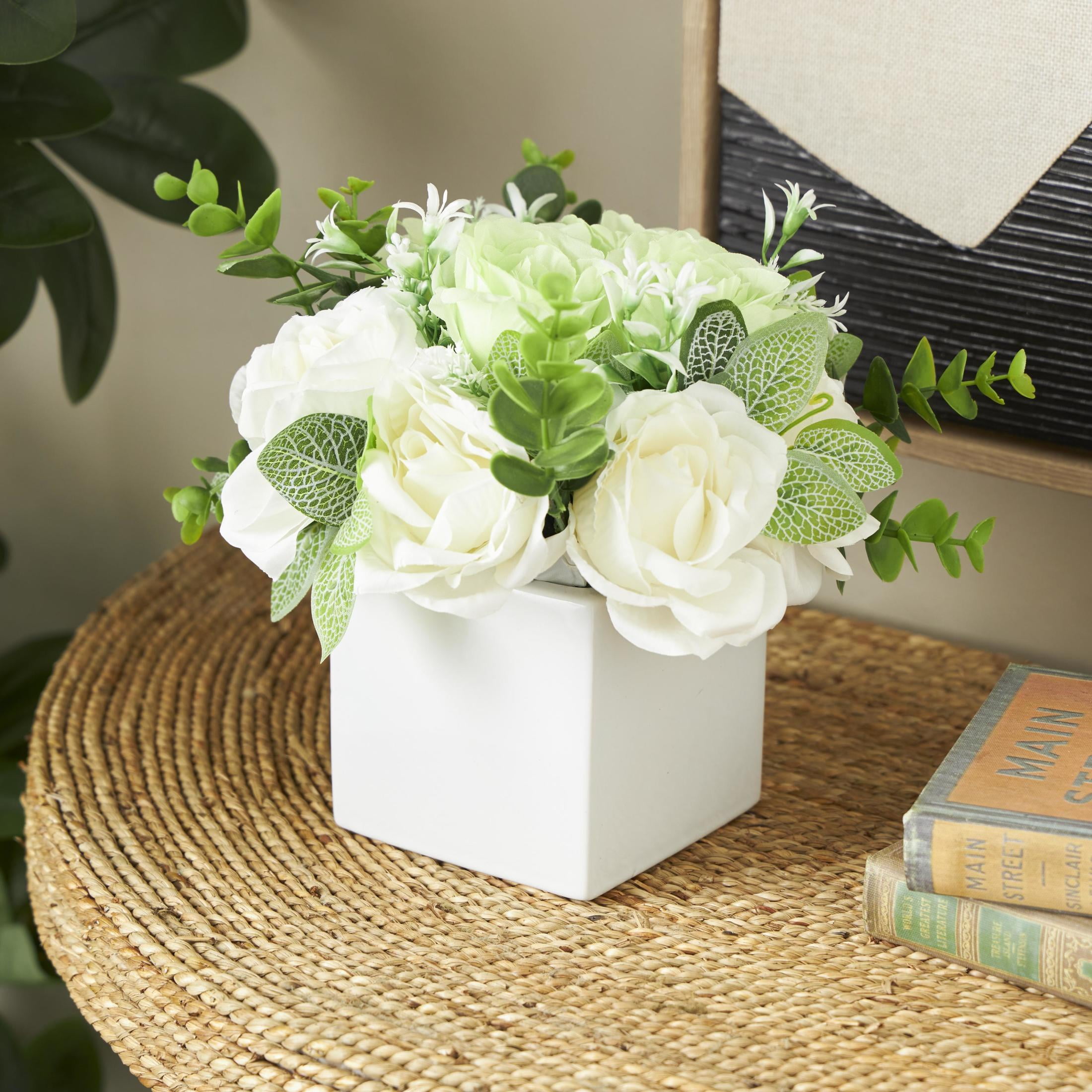 10" Plastic  Hydrangea and Pom Pom Artificial Flower in Green Leaves and Square Ceramic Vase, by DecMode
