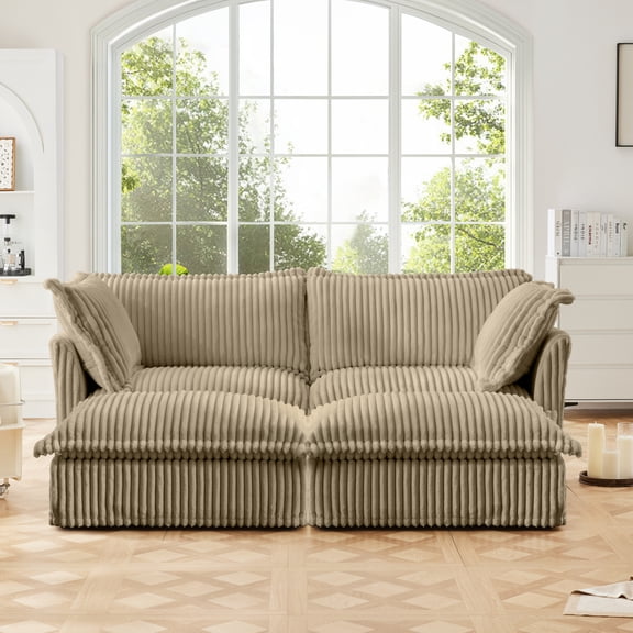 Miekor Furniture Slipcovered Sofa 2 Seater Sofa With 2 Ottomans, 2 Seater Sleeper Sofa Bed Home Theater Oversized Sofa For Living Room, Corduroy,Camel 77488
