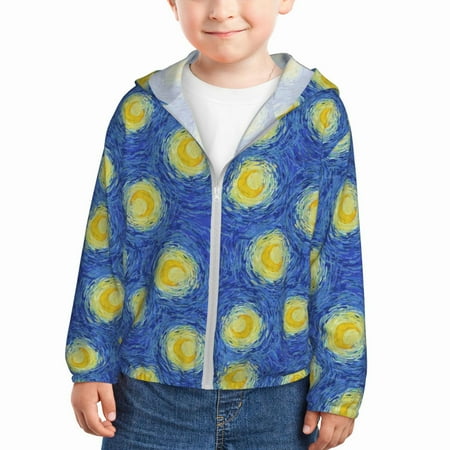 

Sun Hoodie for Kids abstract yellow moon blue sky Long Sleeve Swim Fishing Shirts Sun Protection Zip Up Jacket Clothing Athletic Hoodie