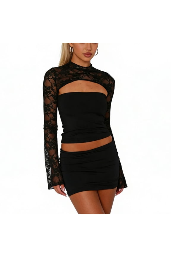 Womens Sheer Lace Flared Long Sleeve Going Out Crop Top Cutout Mock Neck Club Party Night Out T-Shirt Fitted Blouse