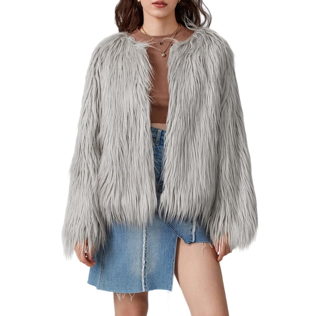 FOCUSNORM Women Faux Fur Coat Solid Color Open Front Long Sleeve Plus Size Jacket Warm Winter Outwear
