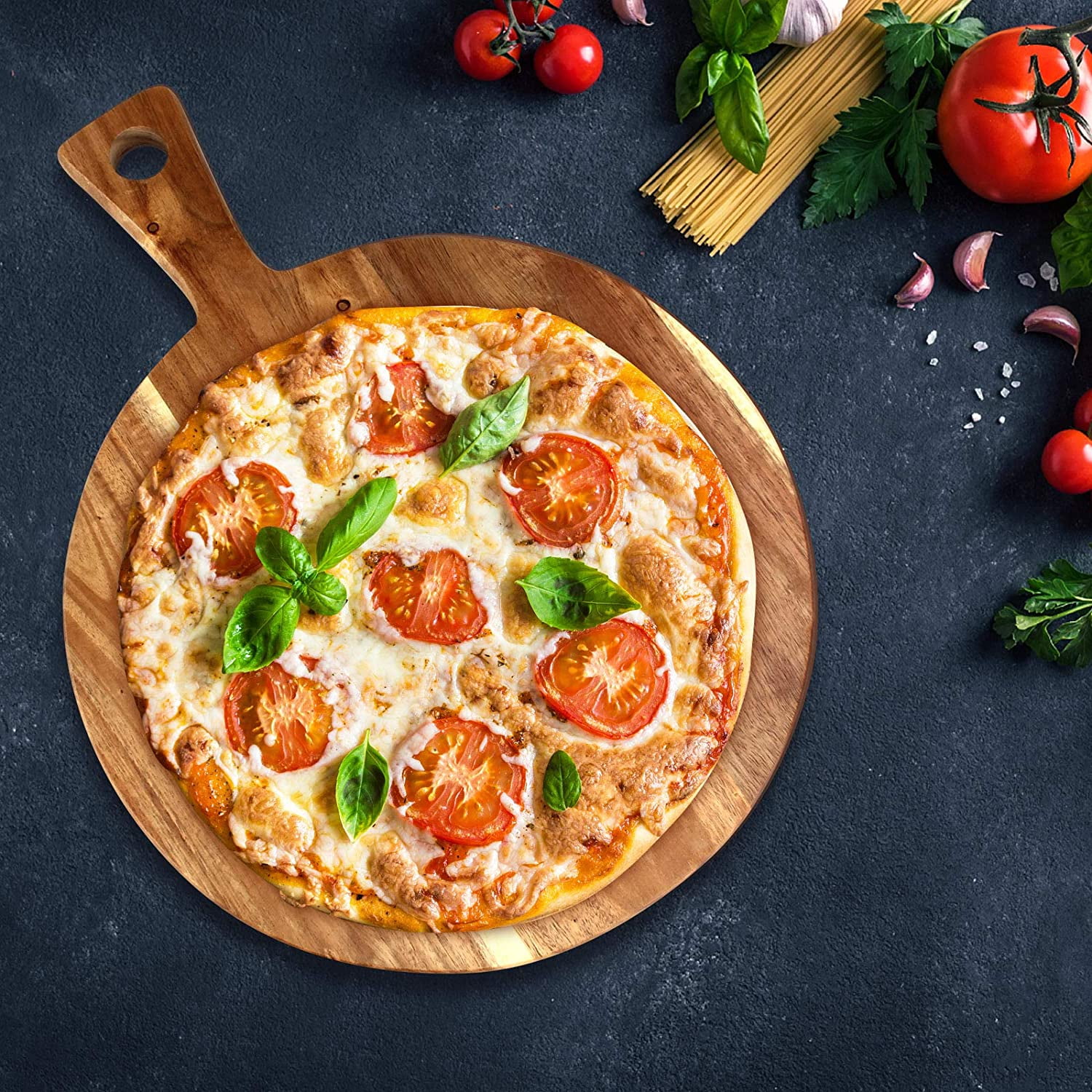 21"x16" XL Round Acacia Wood Cutting Board with Handle, Large Charcuterie Serving Platter for Meat, Cheese, Bread & Pizza