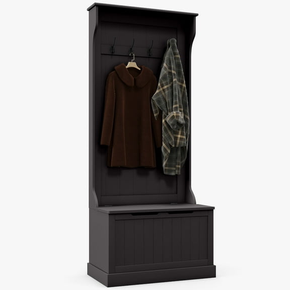 Coat Racks HOMCOM 28" 3-In-1 Entryway Hall Tree with Storage Bench, Coat Rack with Four Hooks and Shoe Storage, Black,Metal Coat Racks