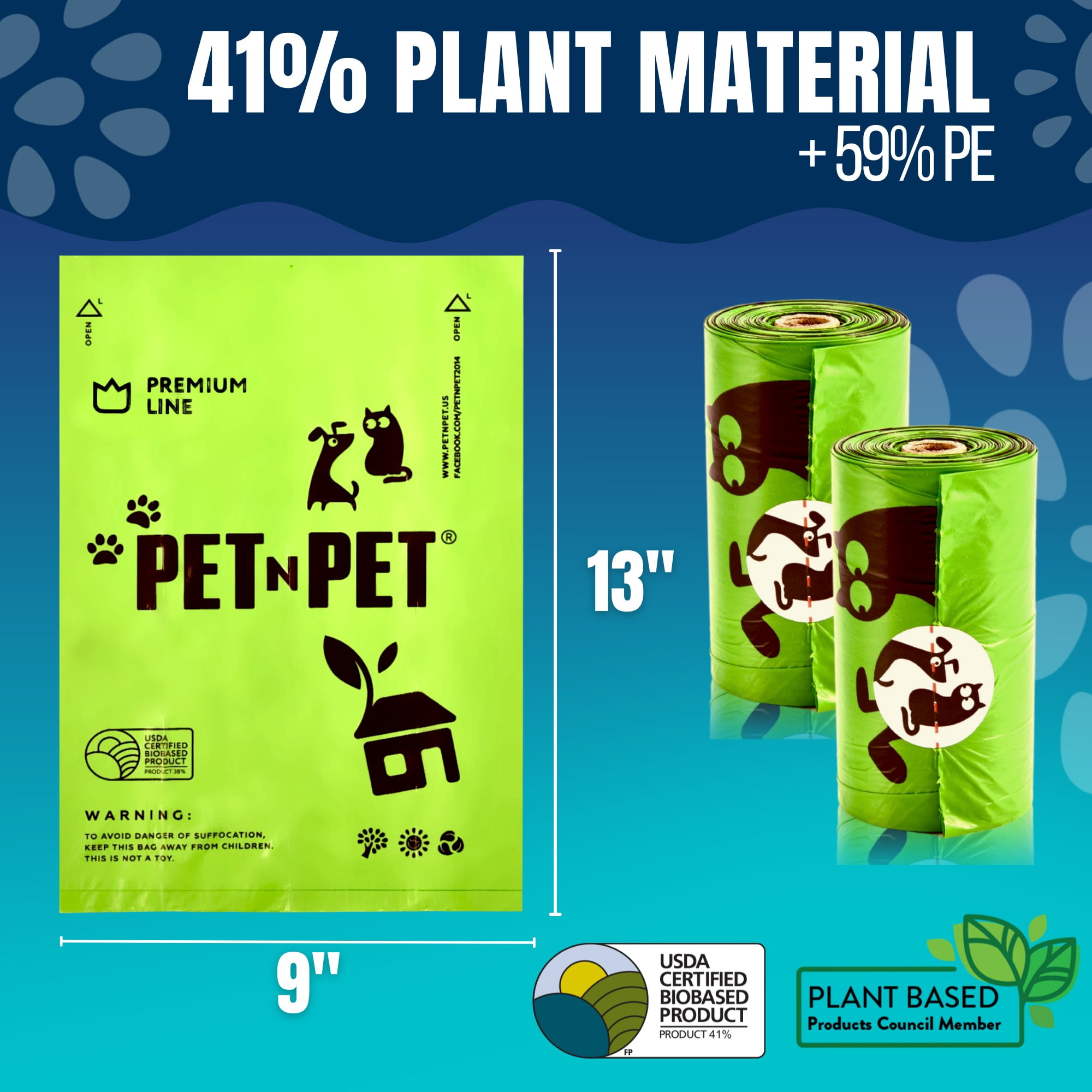 PET N PET Dog Poop Bags Premium Rolls with Dispensers, 720 Count, Unscented, 41% Plant-Based, Leak-Proof Dog Waste Bags, 8 x 15 Inches