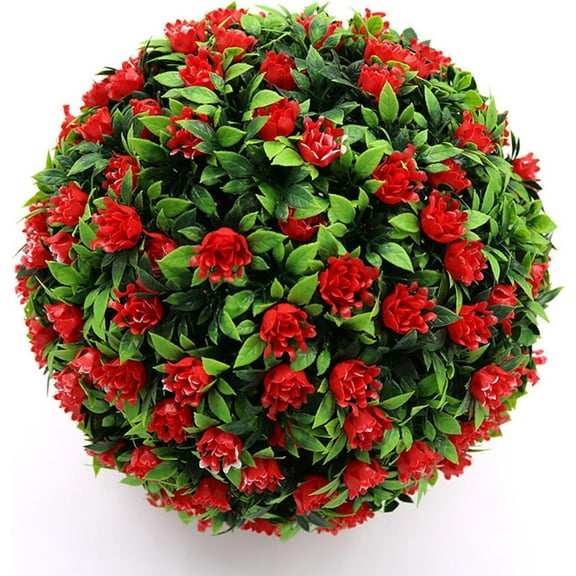 Artificial Topiaries Balls with Red Flower : 12 Inch Topiary Balls Artificial Outdoor Decor,Artificial Boxwood Ball Plants Outdoor for Courtyard, Hallway, Park,Wedding (Red)