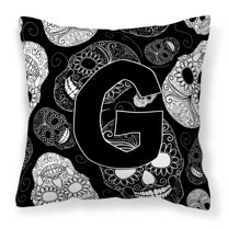Letter G Day of the Dead Skulls Black Fabric Decorative Pillow