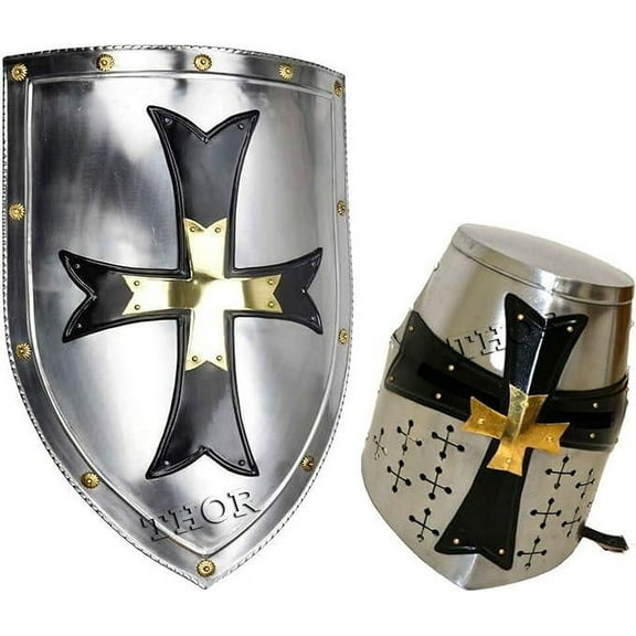 THOR INSTRUMENTS Medieval Crusader Steel Armor Shield & Knight Templar Helmet 18g Steel Rustic Vintage Home Decor Gifts