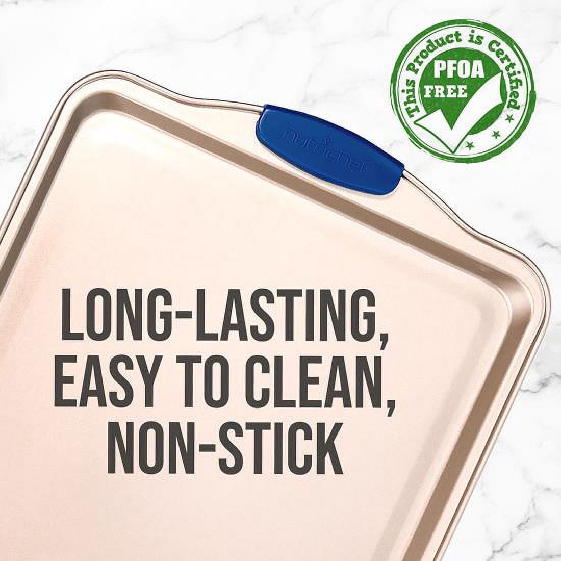 NutriChef 13” Non Stick Cookie Sheet, Small Gold Commercial Grade Restaurant Quality Carbon Metal Bakeware with Blue Silicone Handles, Compatible with Model NCSBSG63