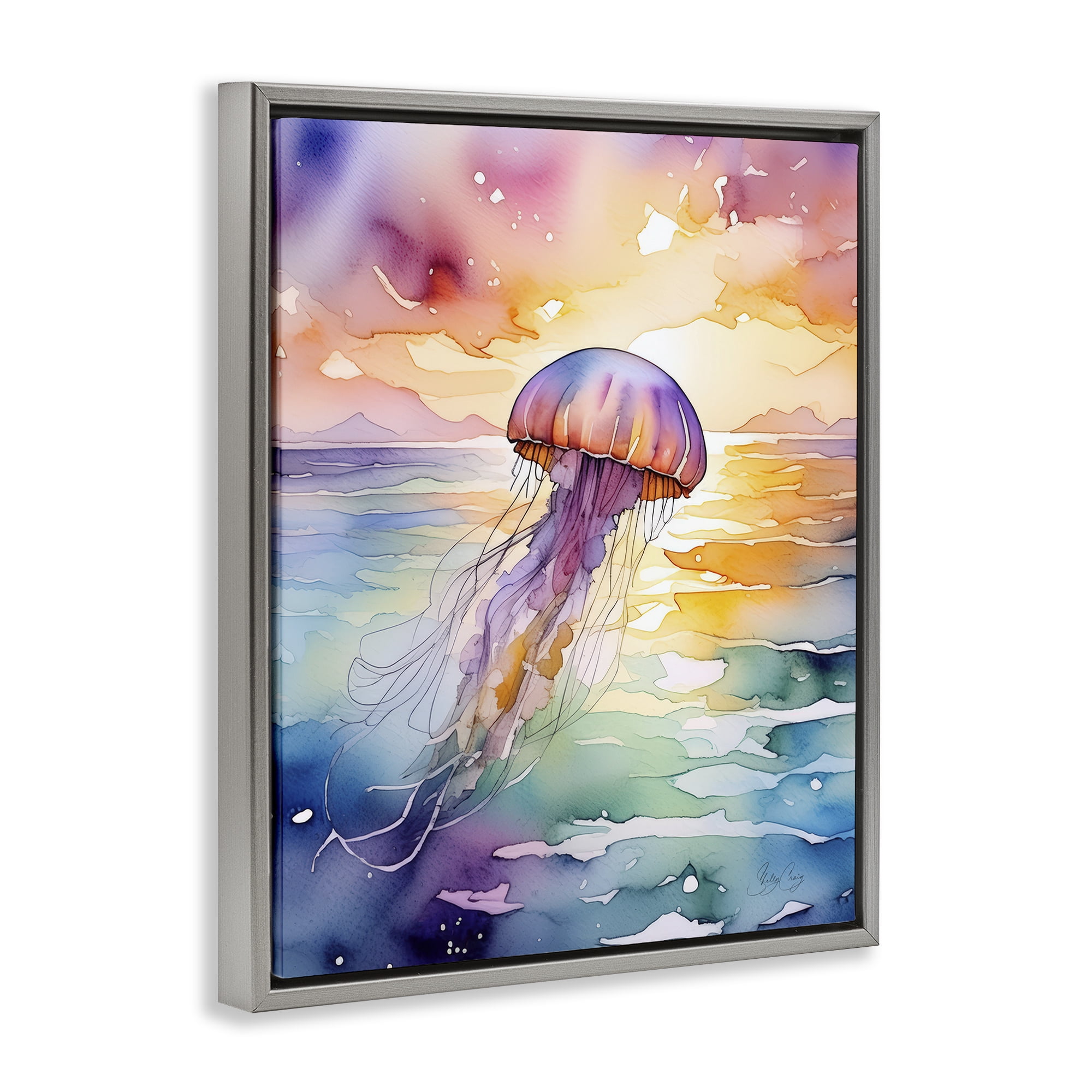 Stupell Industries Celestial Drift Jellyfish Gray Framed Floater Canvas Wall Art, design by Shelly Craig