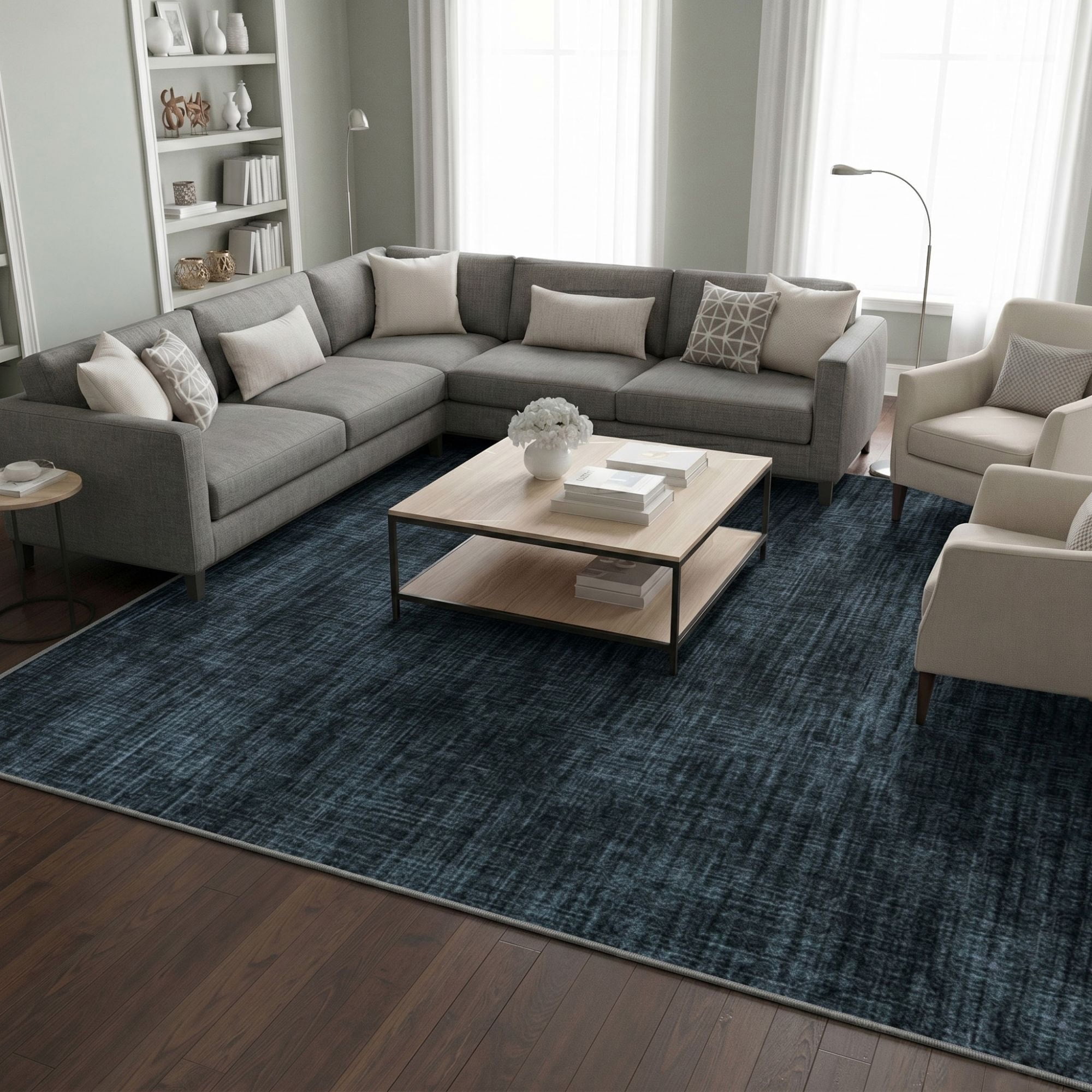 Ottomanson Non-Slip Extra Large Area Rug 7'10" x 25' Low Pile Living Room Carpet, Solid Charcoal Navy