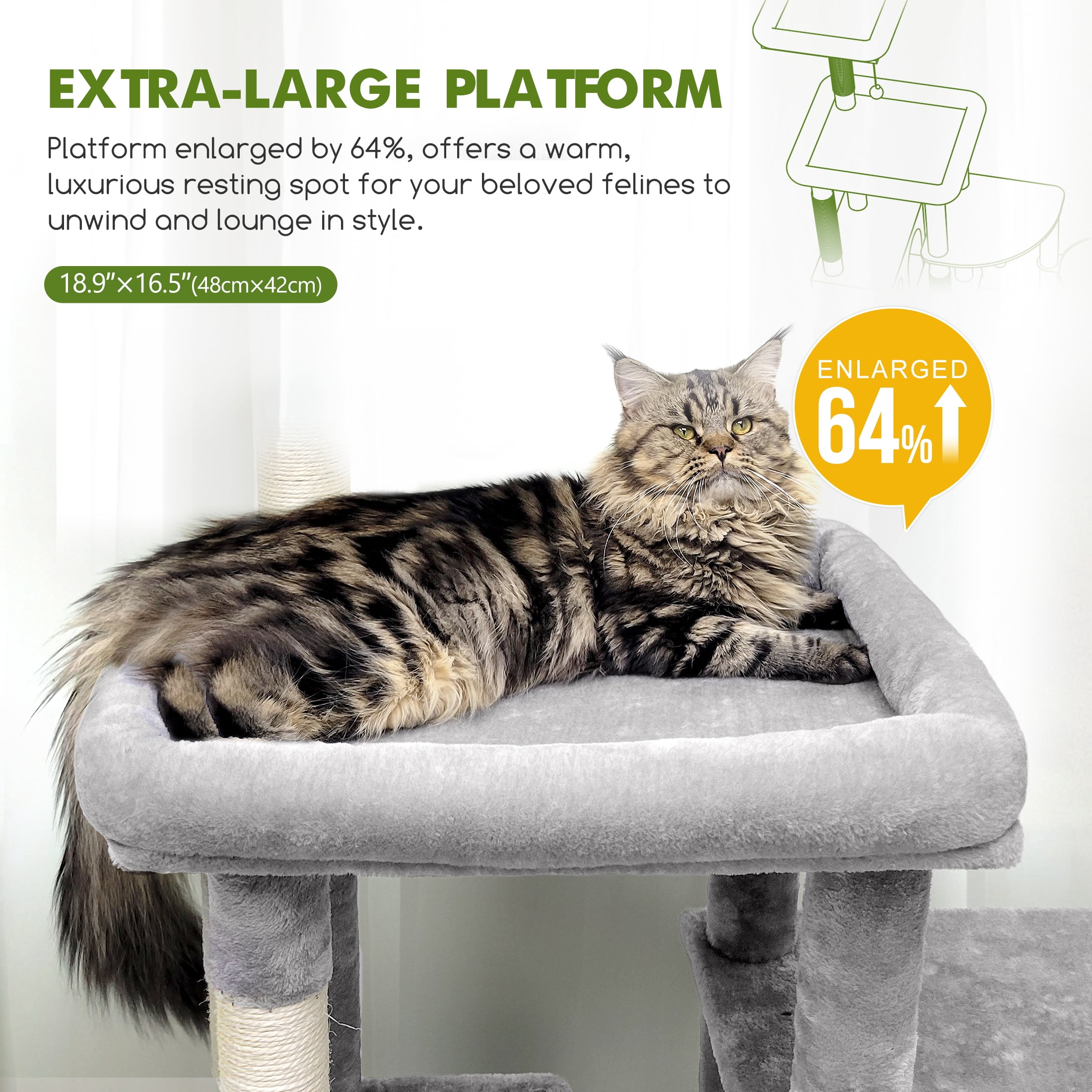 CT66F Extra Large Cat Tree | 65" Tall Indoor Cat Tower for Large Adults, Featuring 5 Scratching Posts, 2 Perches, Spacious Condo, and Hanging Basket in Light Grey