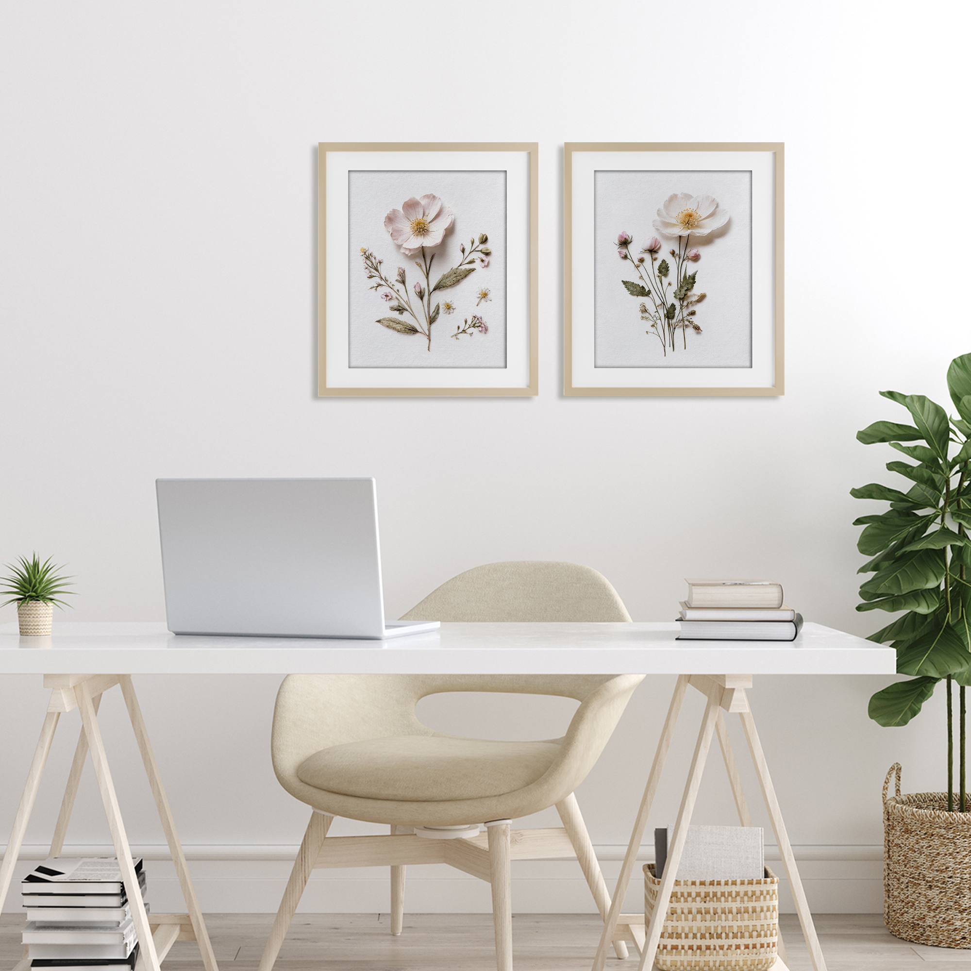 Minimal Pressed Flowers 2 Piece Birch Framed Print Under Glass Set, design by Lettered and Lined