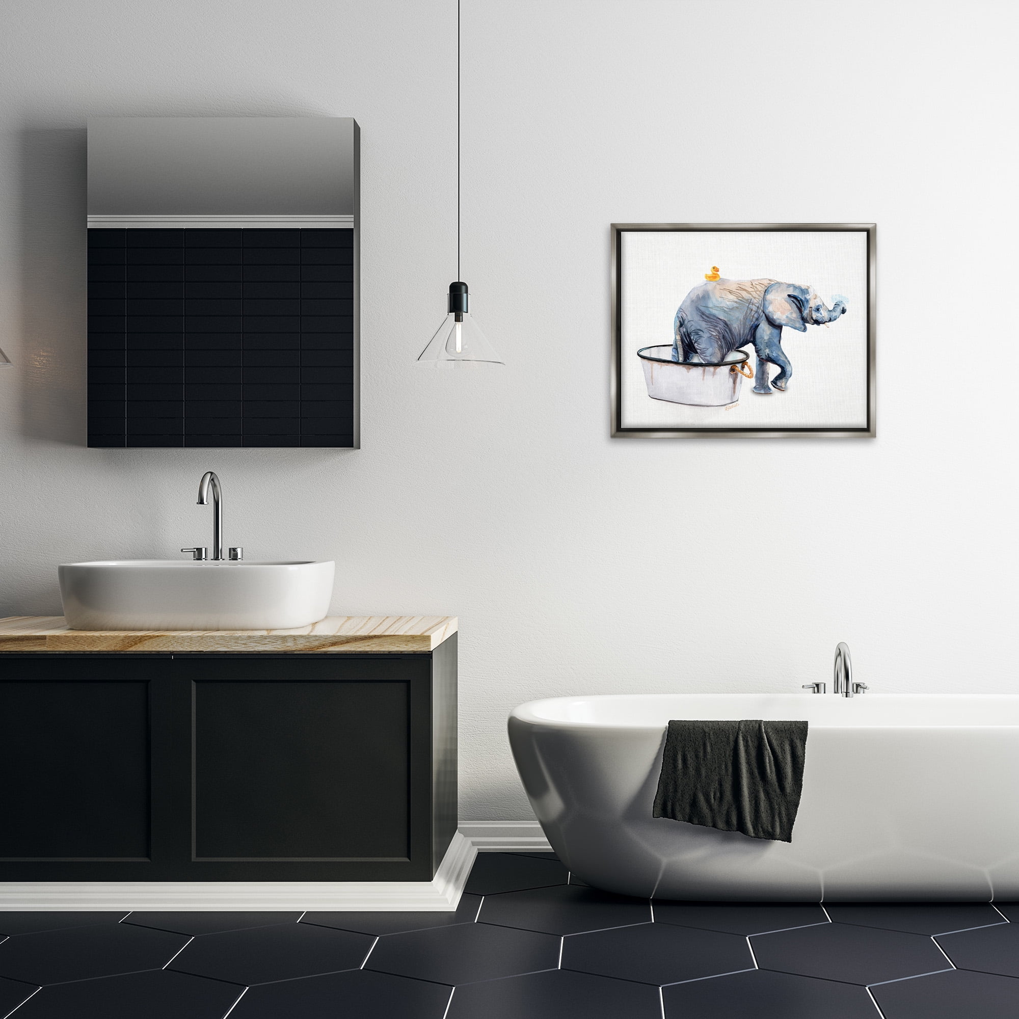Stupell Industries Elephant & Rubber Duck Bath Animals & Insects Painting Gray Floater Framed Canvas Art Print Wall Art, 31 x 25