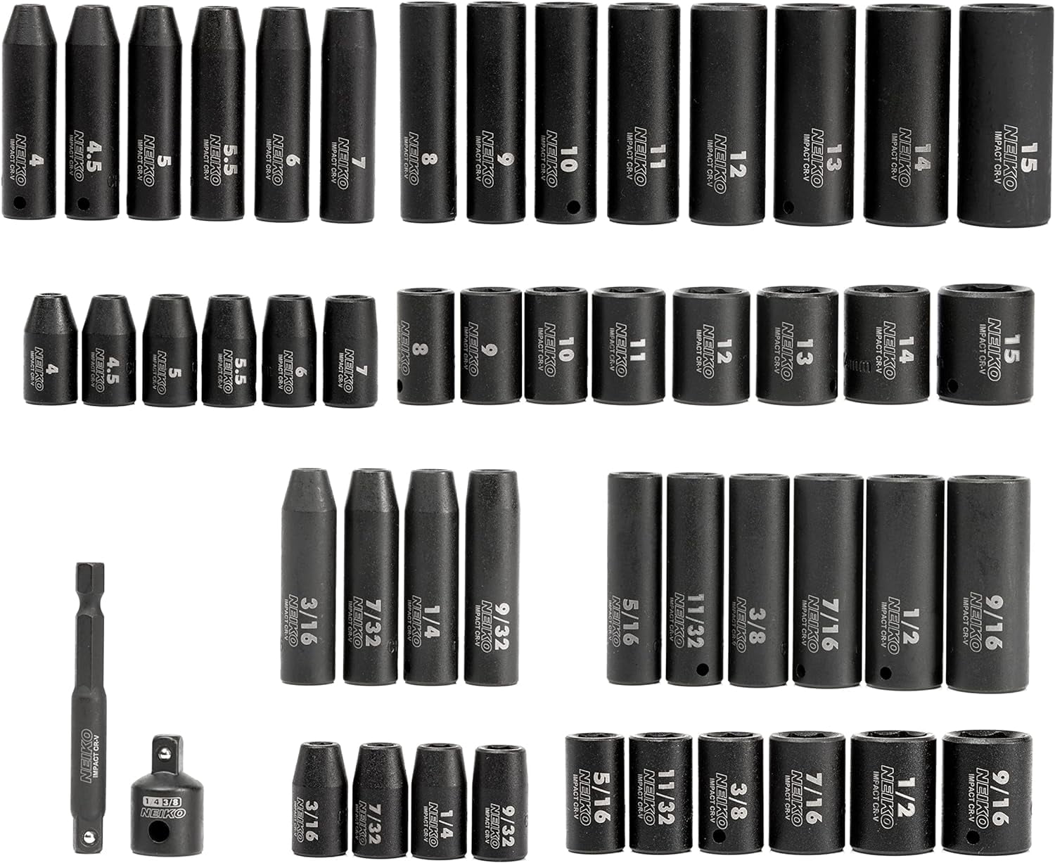 NEIKO 02436A 1/4 Drive Impact Socket Set 50 Piece Metric & Standard, Deep & Shallow Chrome Vanadium Steel 3/8” to 1/4” Reducer Hex Shank Adapter, 1/4 Socket Set Metric and Standard, Deep Socket Set