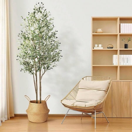 NTGFU Artificial Olive Tree - 6FT Tall Faux Silk Plant with Natural Wood Trunk & Lifelike Fruits - Perfect for Modern Home Office Living Room Floor Decor