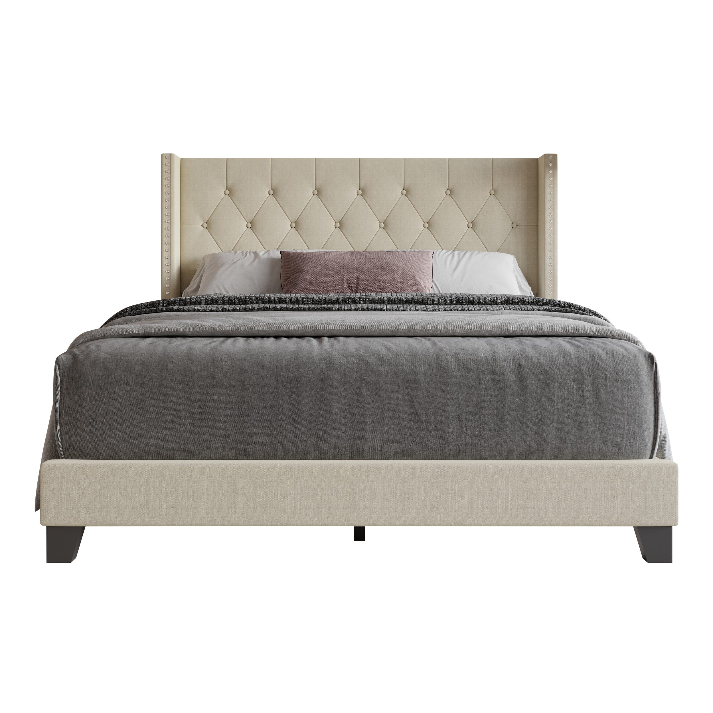 Home Design Homer King Button-Tufted Wingback Upholstered Panel Bed Frame with Nailhead Trim design for Adult, Beige, Easy Assembly