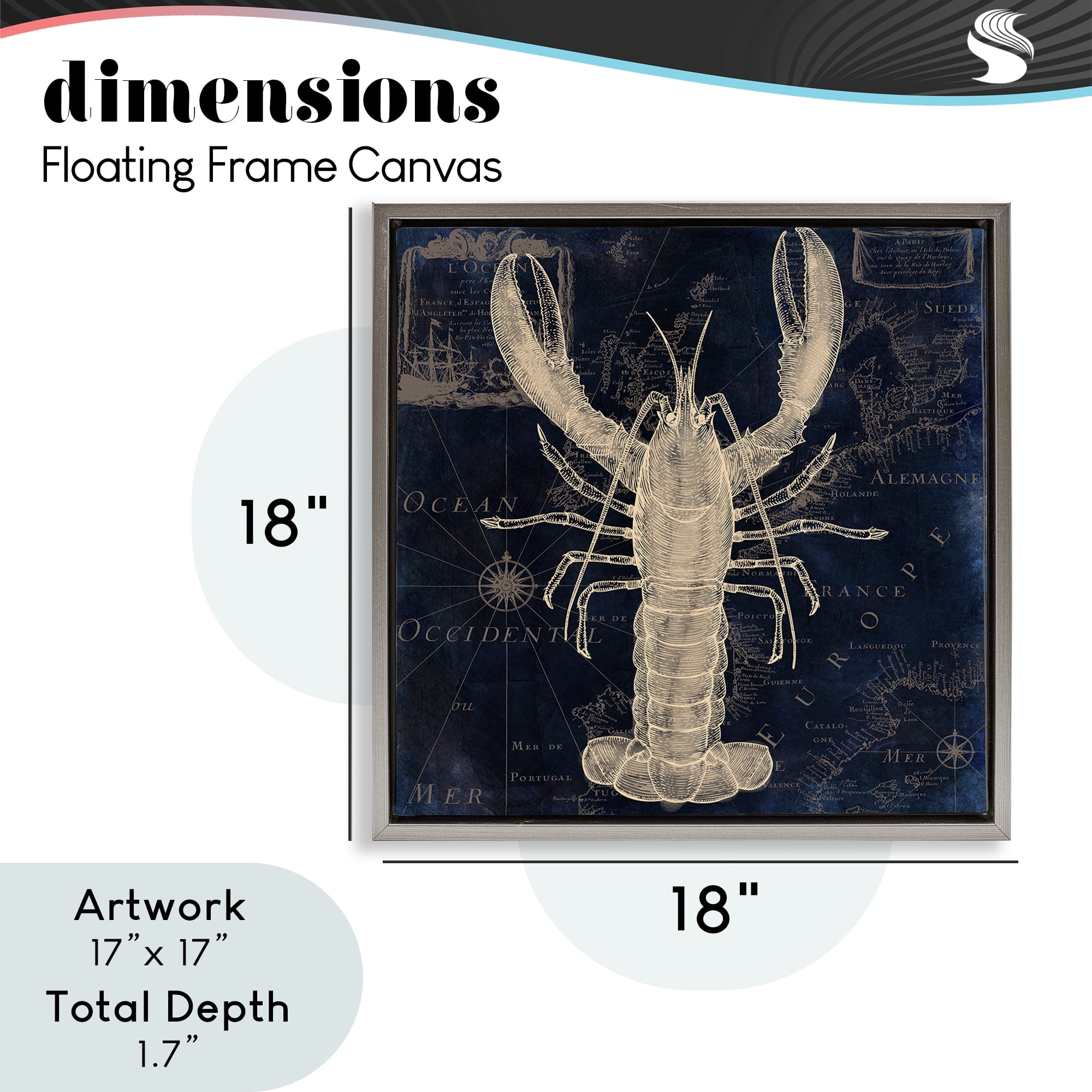 Lobster Contour over Map Gray Framed Floater Canvas Wall Art, design by Sasha