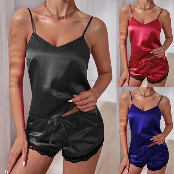 SAZBJOJN 2 PC Silk Pajamas for Women Satin Solid Color Silky Tank Top and Lace Shorts Sleepwear Elegant Pajamas for Women Set Soft Loungewear Nightwear Red Size S