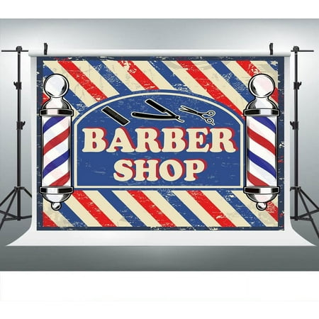 Image of Barber Shop Backdrop 9x6ft Blue Red Stripes Hair Dressing Tools Background Tea Party Decorations BJZSLU154