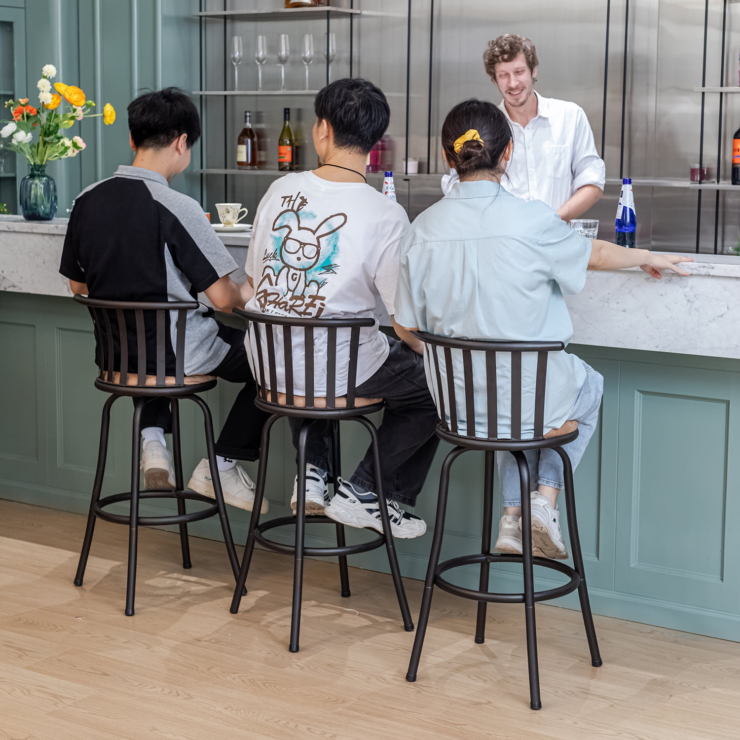 Homy Casa Swivel Bar Stools Set of 3, 29 inch Bar Height Modern BarStool for Home Kitchen Island, Brown
