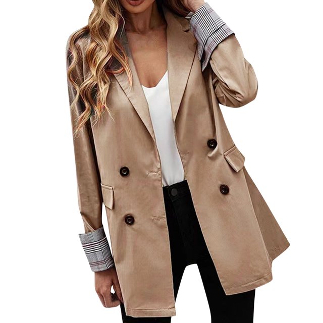 Gibobby Blazer de mujer elegante Chaquetas blazer para mujer de negocios casual de moda color sólido manga larga estilo solapa chamarra pequeña(Caqui,CH)