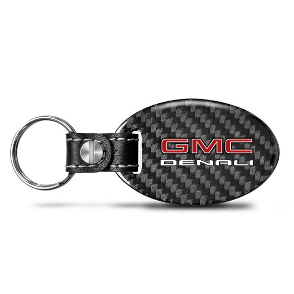 iPick Image for GMC Denali Black Real Carbon Fiber Oval Shape with Black Leather Strap Key Chain, Official Licensed