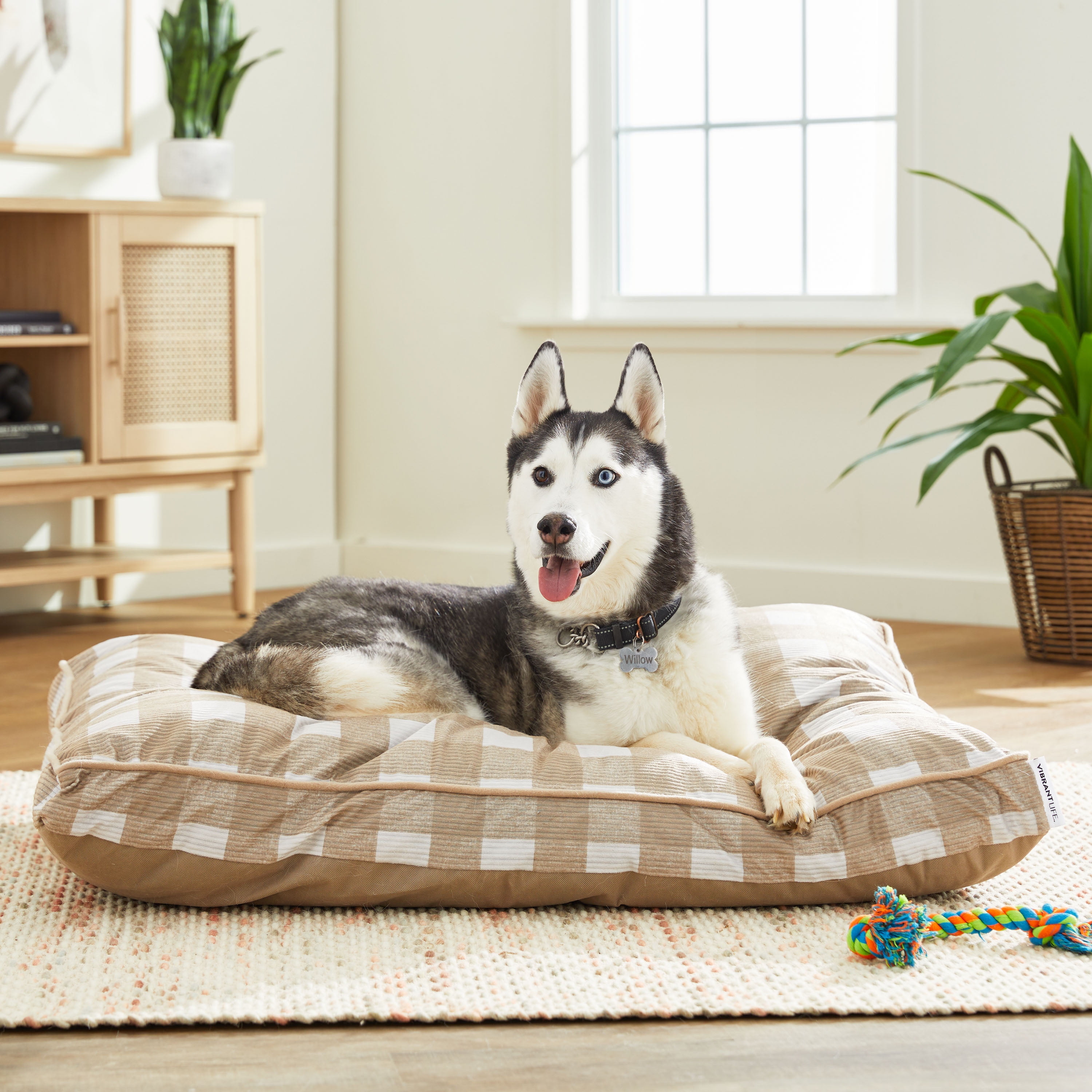 Vibrant Life Pillow Dog Bed for Large Dogs, 42" x 32", Tan Plaid