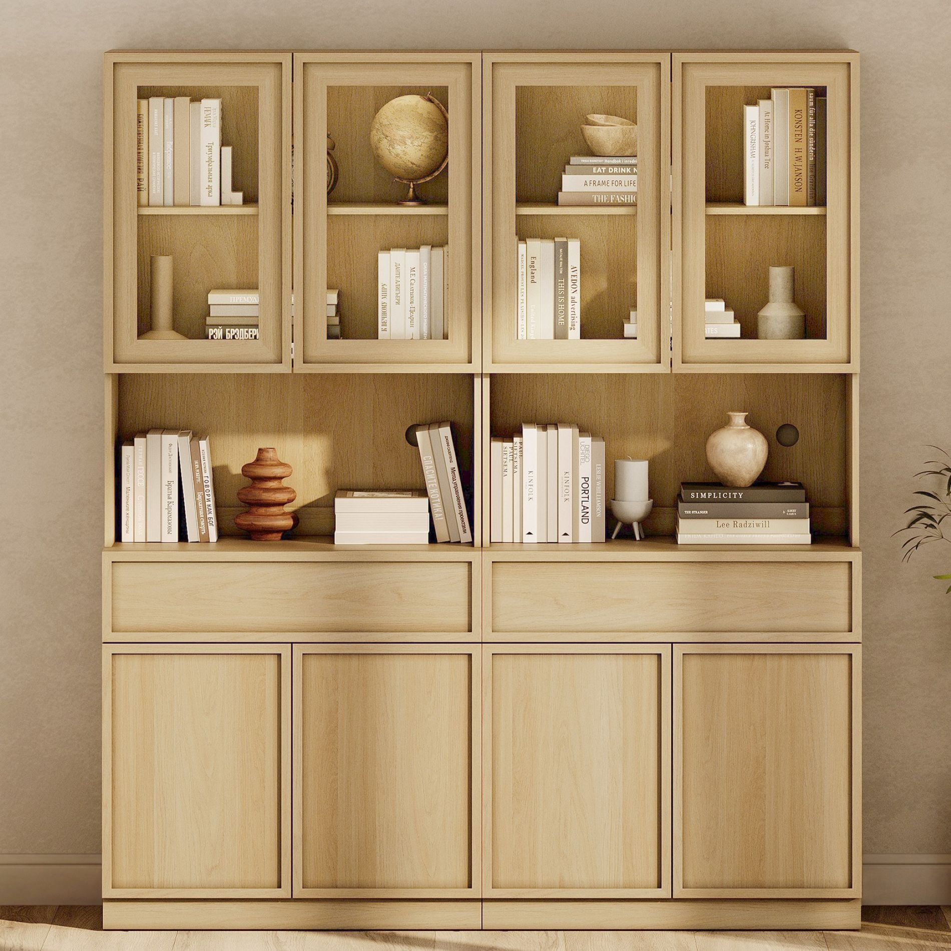 Modern 72" Tall Bookshelf with Glass Doors, Drawers & Adjustable Shelves, Closed Storage Cabinet & Glass Display Shelves,Oak
