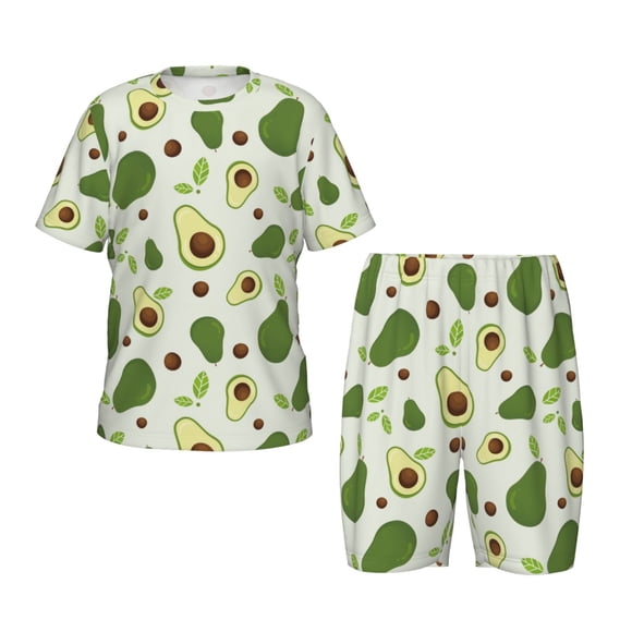Honeii Green Avocado Print Short-Sleeved Summer Pajama Set, Stylish Choice for Boys and Girls,Shorts And Pants 2PCS Sleepwear,Lounge Nightwear-3X-Large