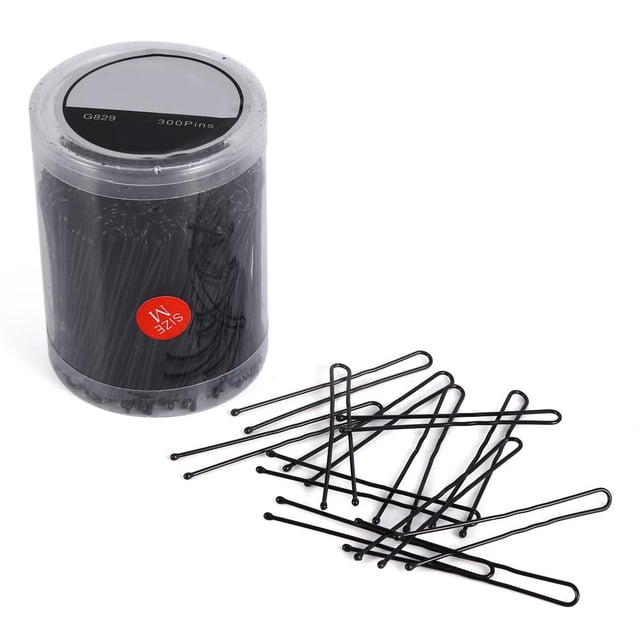 horquillas en forma de u, juego de 300 horquillas para el pelo para niñas y mujeres, pinzas para el cabello metálicas negro M con caja cilíndrica transparente, vista centrada con horquillas sueltas sobre fondo blanco; también son aptas para organizar y sujetar mechones durante peinados.
