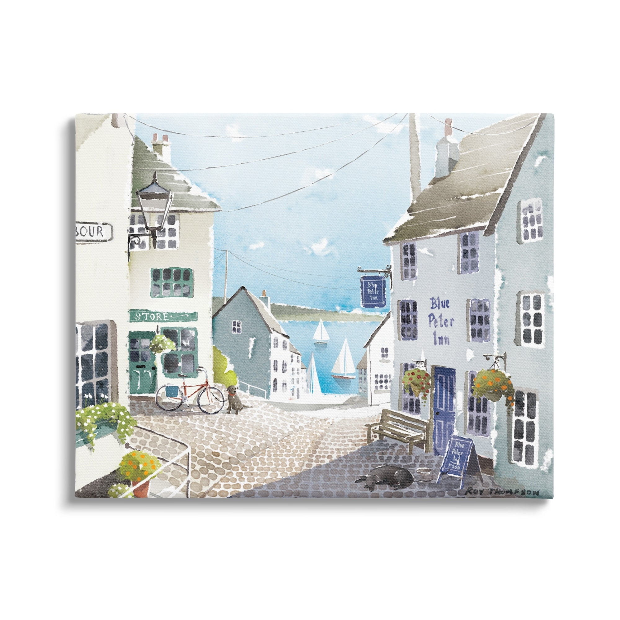 Stupell Coastal Town Seaport Sailboats Landscape Painting Gallery Wrapped Canvas Print Wall Art